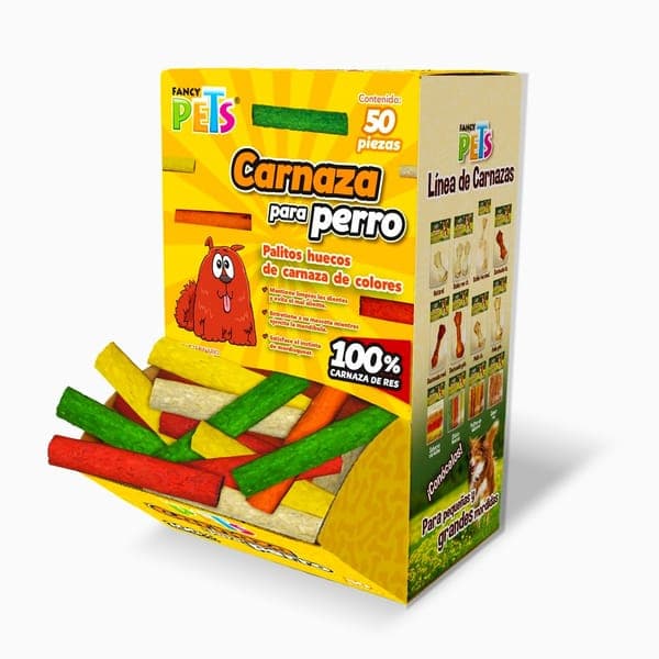 Palitos Huecos de Carnaza de Colores Caja 50pza