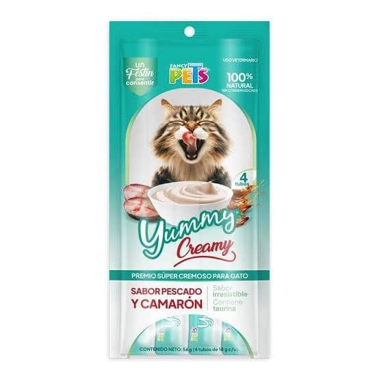 Yummy Creamy P/gato Pescado y Camaron Caja C/12 Paquetes (4 Tubos)